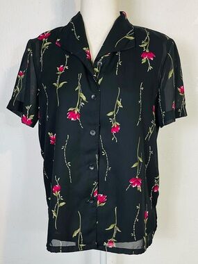 Vintage 90s Bonworth Size XS Petite Button Down Floral Blouse Top Black Short